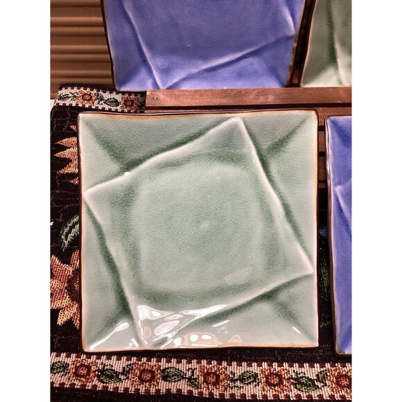 Pier 1 Discontinued Crackle Sushi Square Dishes Plates Set Of 4 Blue & Green - Picture 2 of 10